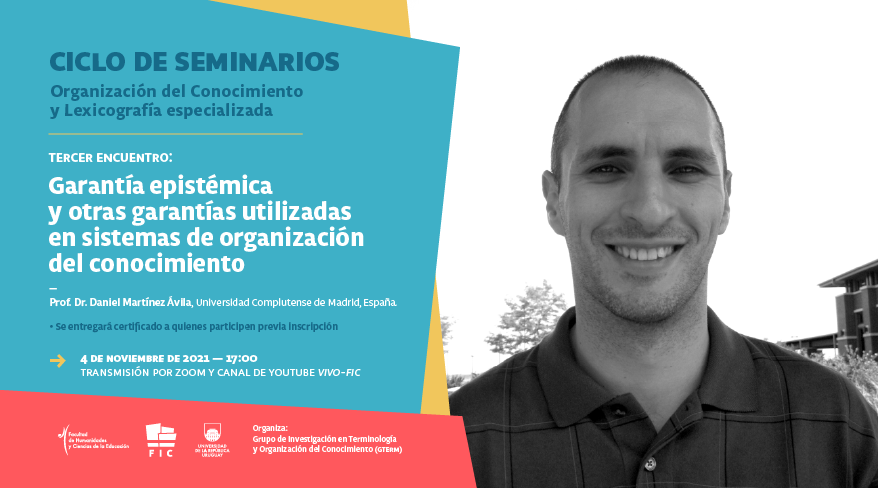 Fotografía en blanco y negro del expositor. Sobre una diseño inspirado en el logo de la FIC en letras azul y blancas leemos la información del evento.