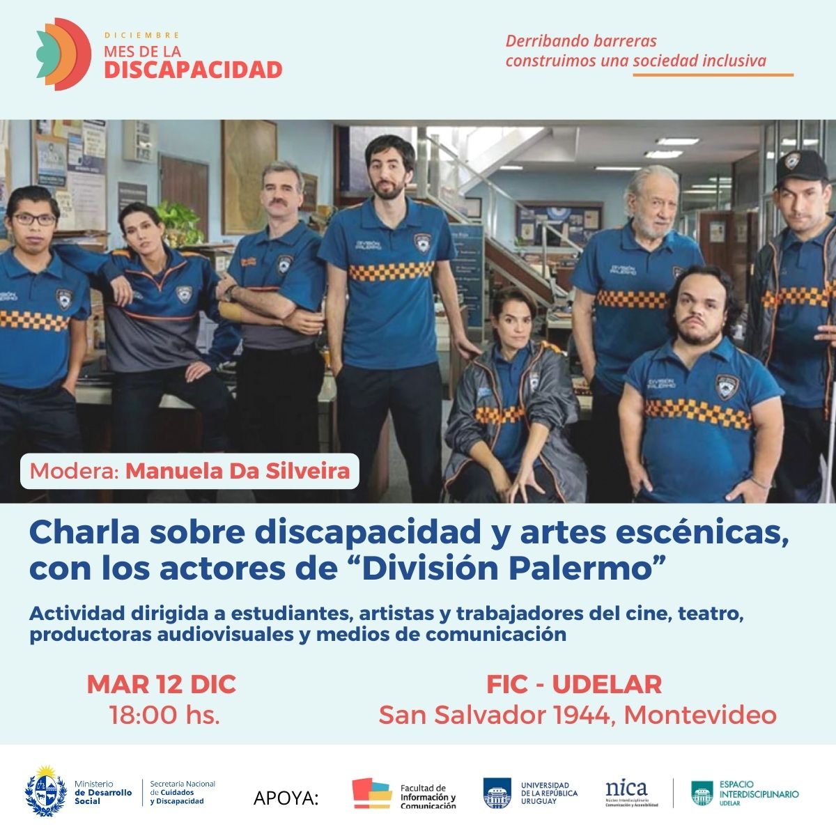 Afiche con la información de la actividad y la foto del elenco de División Palermo.