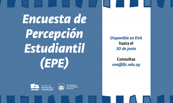 En letras blancas sobre fondo azul dice "encuesta de percepción estudiantil", a la derecha sobre fondo blanco en letras azules dice "disponible hasta el 30 de junio".