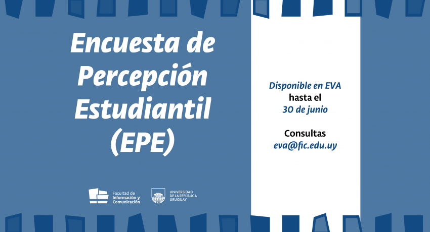 En letras blancas sobre fondo azul dice "encuesta de percepción estudiantil", a la derecha sobre fondo blanco en letras azules dice "disponible hasta el 30 de junio".